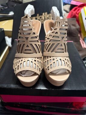 Charlotte Russe Nude Laser-Cut Peep-Toe Wedge Sandals